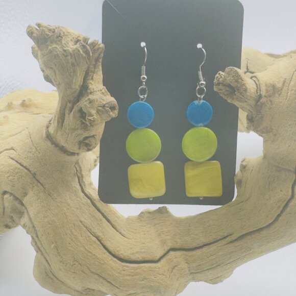 Colorful Geometric Dangle Earrings Blue Green Yellow Lightweight Boho Glass - Picture 4 of 5